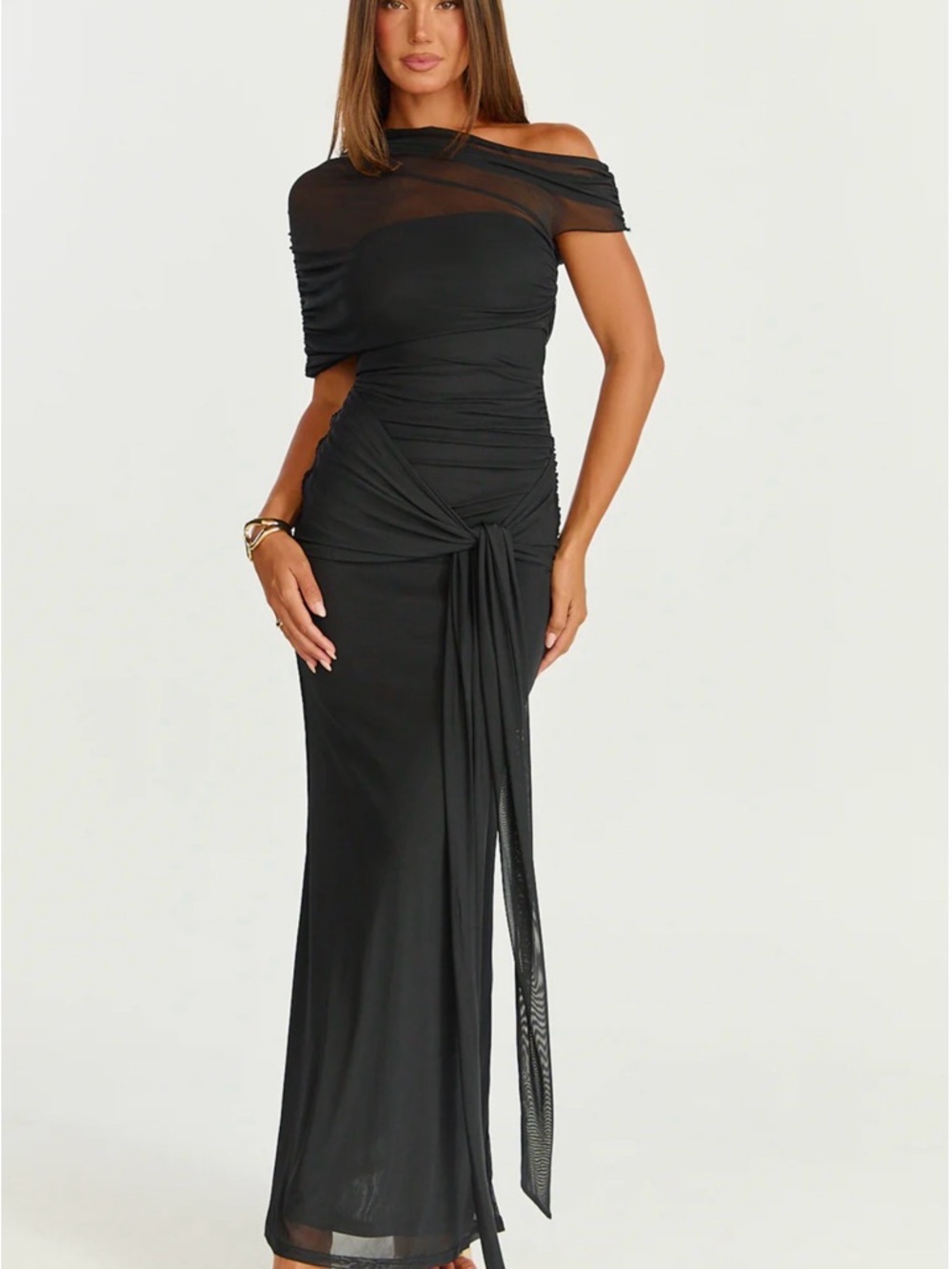 SHOWPO NICOLETTE MAXI DRESS - CAPE SLEEVE OFF SHOULDER DRESS IN BLACK